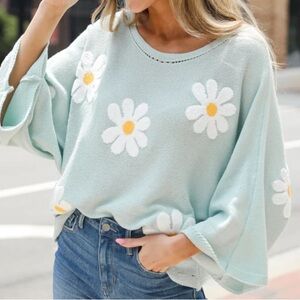 BiBi Blue Crew Neck Lightweight Sweater with Cozy Knit Floral Design